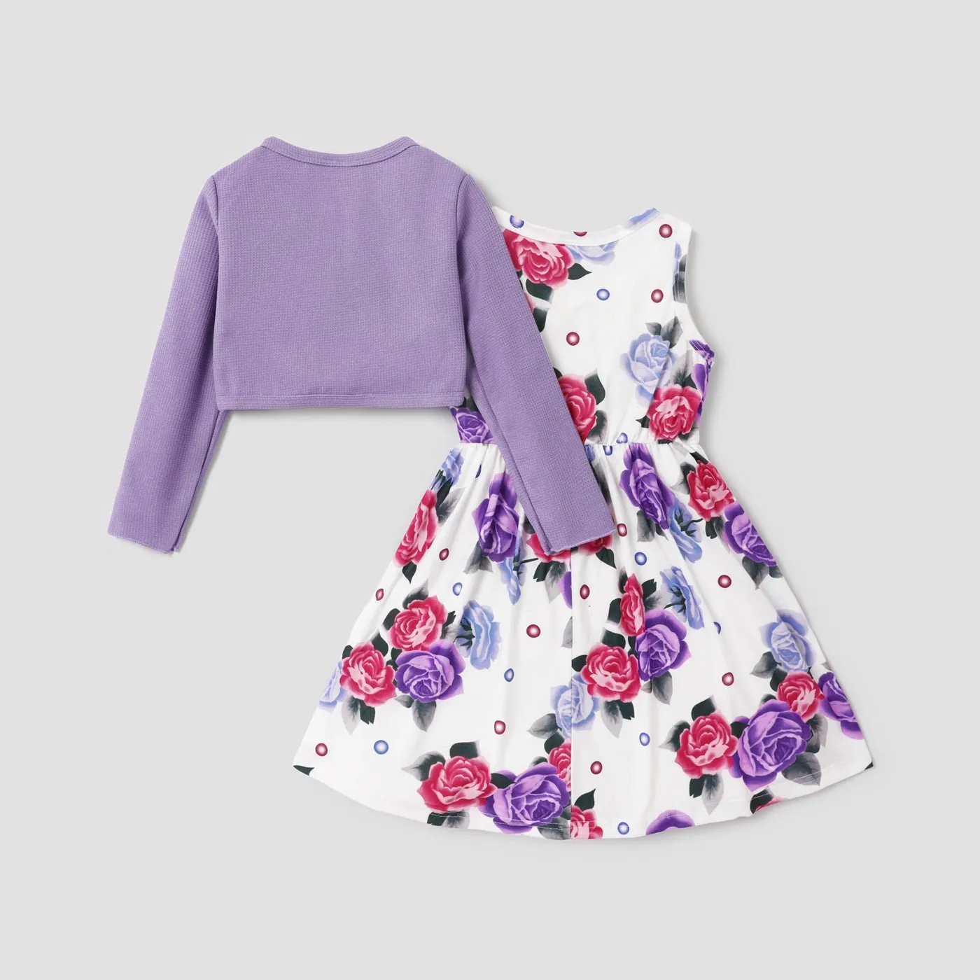 2pcs Kid Girl Floral Print Sleeveless Dress and Long-sleeve Purple Bowknot Design Cardigan Set