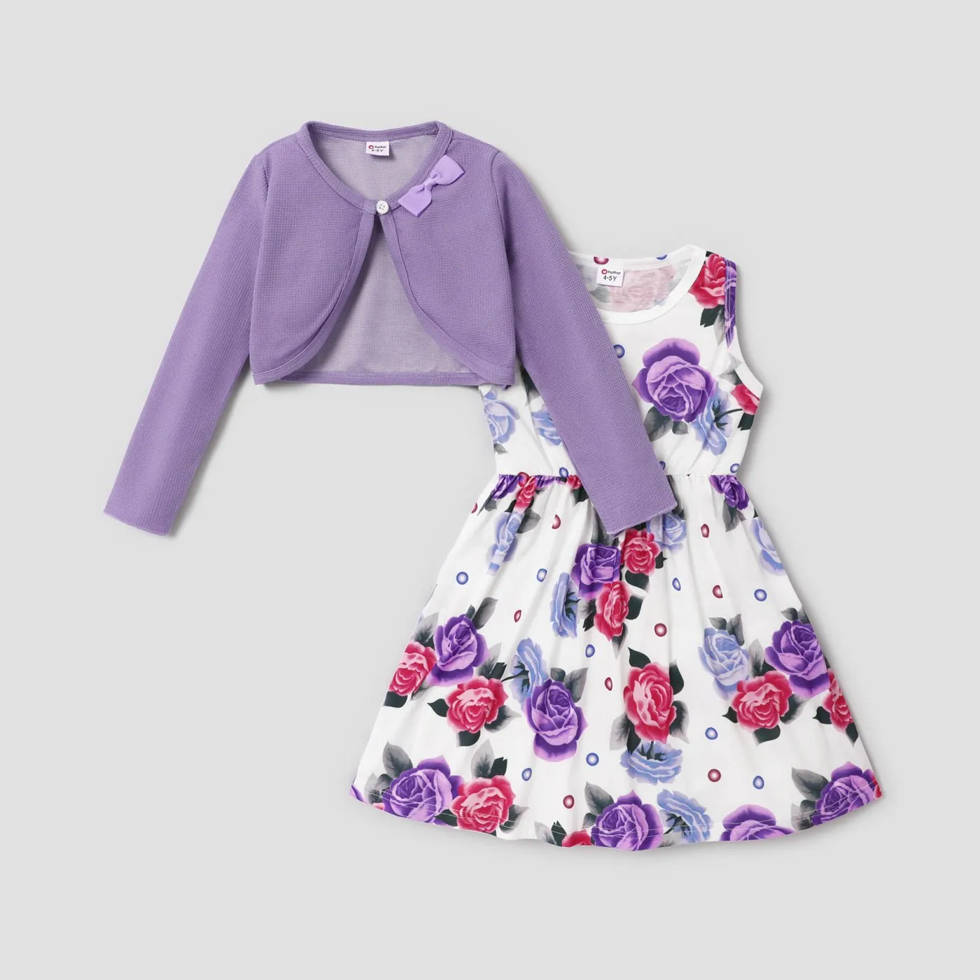2pcs Kid Girl Floral Print Sleeveless Dress and Long-sleeve Purple Bowknot Design Cardigan Set