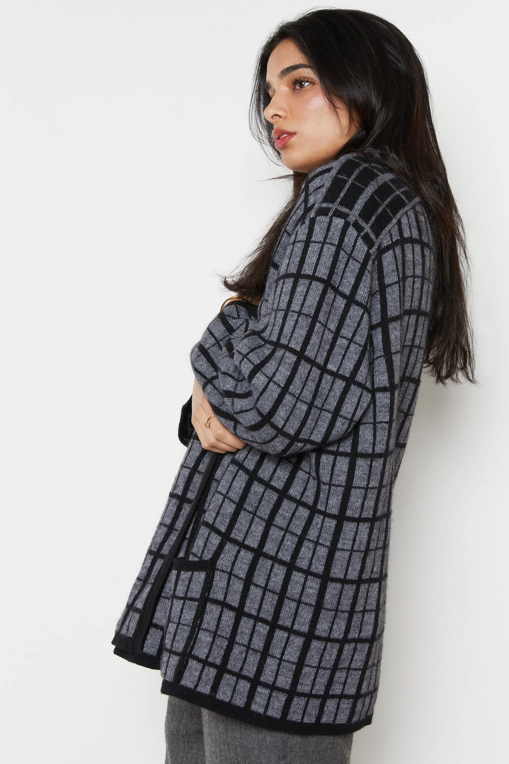 80s Charcoal Grid Wool Sweater Blazer XL