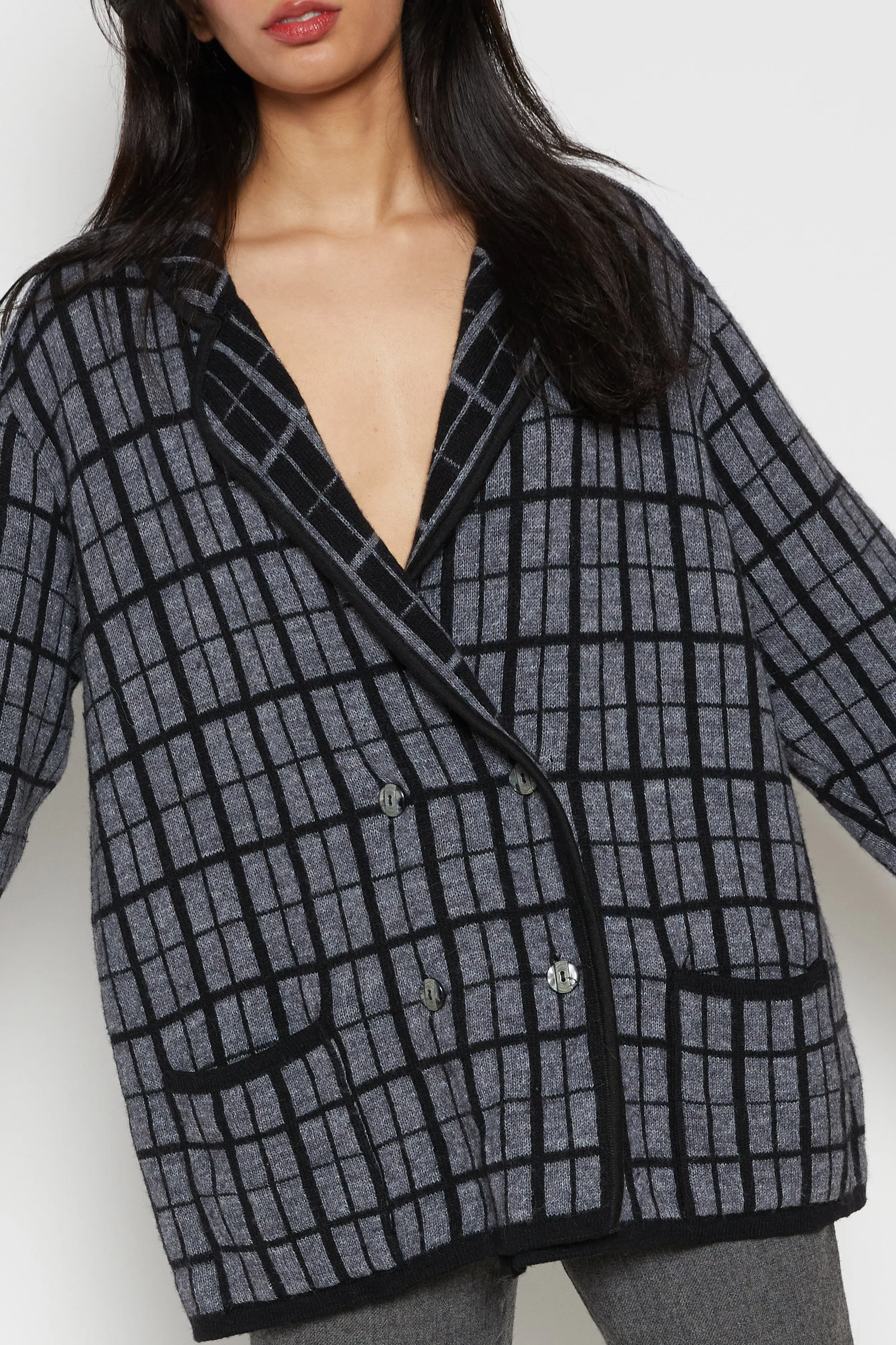 80s Charcoal Grid Wool Sweater Blazer XL