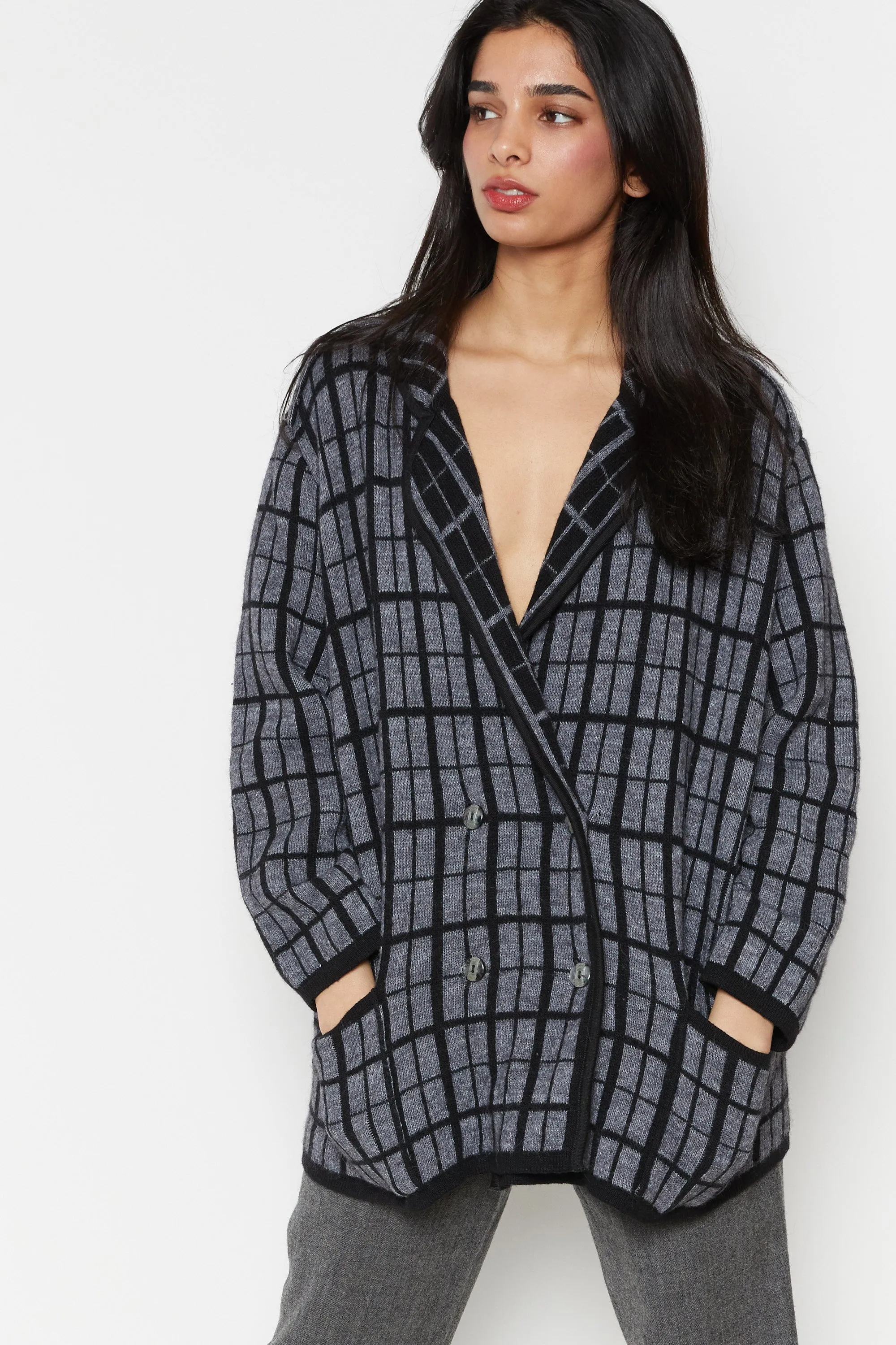 80s Charcoal Grid Wool Sweater Blazer XL