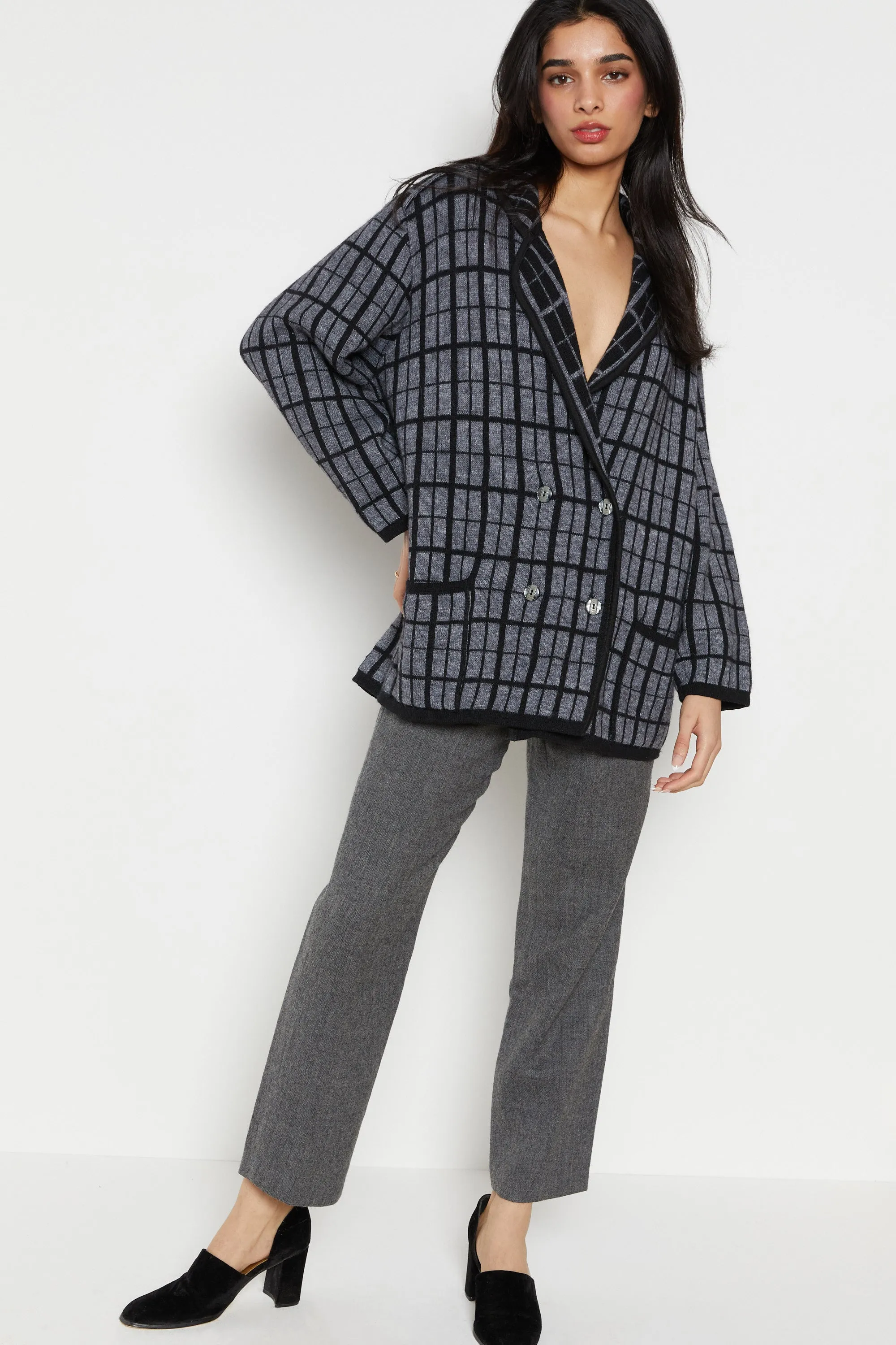 80s Charcoal Grid Wool Sweater Blazer XL
