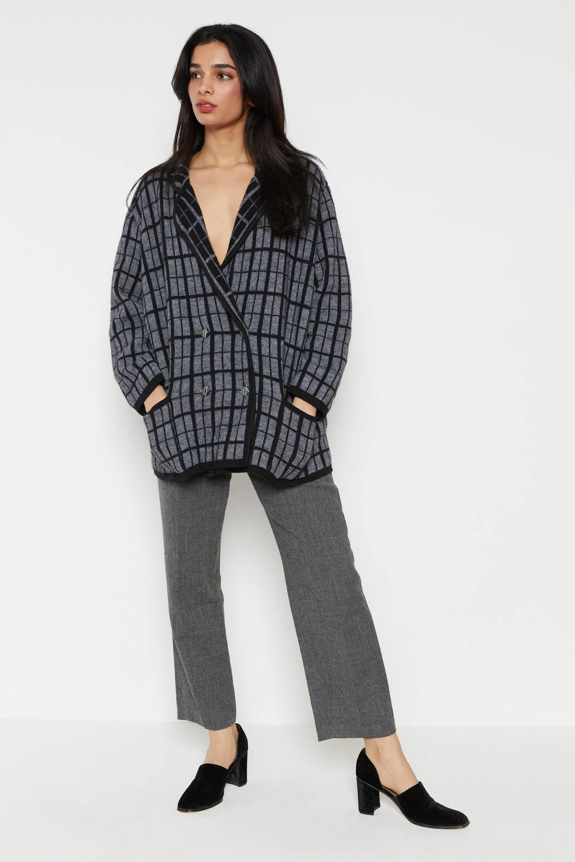 80s Charcoal Grid Wool Sweater Blazer XL