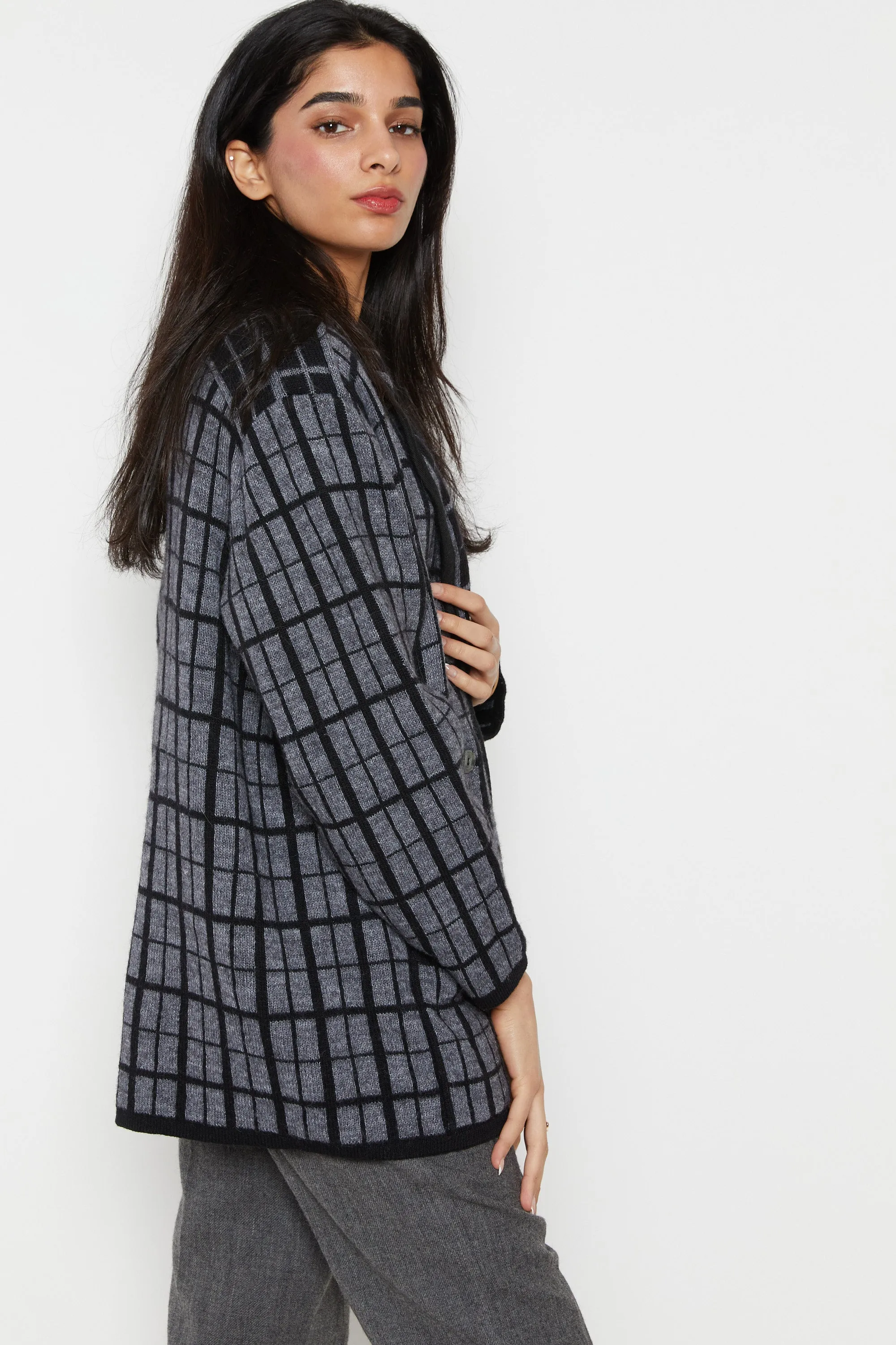 80s Charcoal Grid Wool Sweater Blazer XL