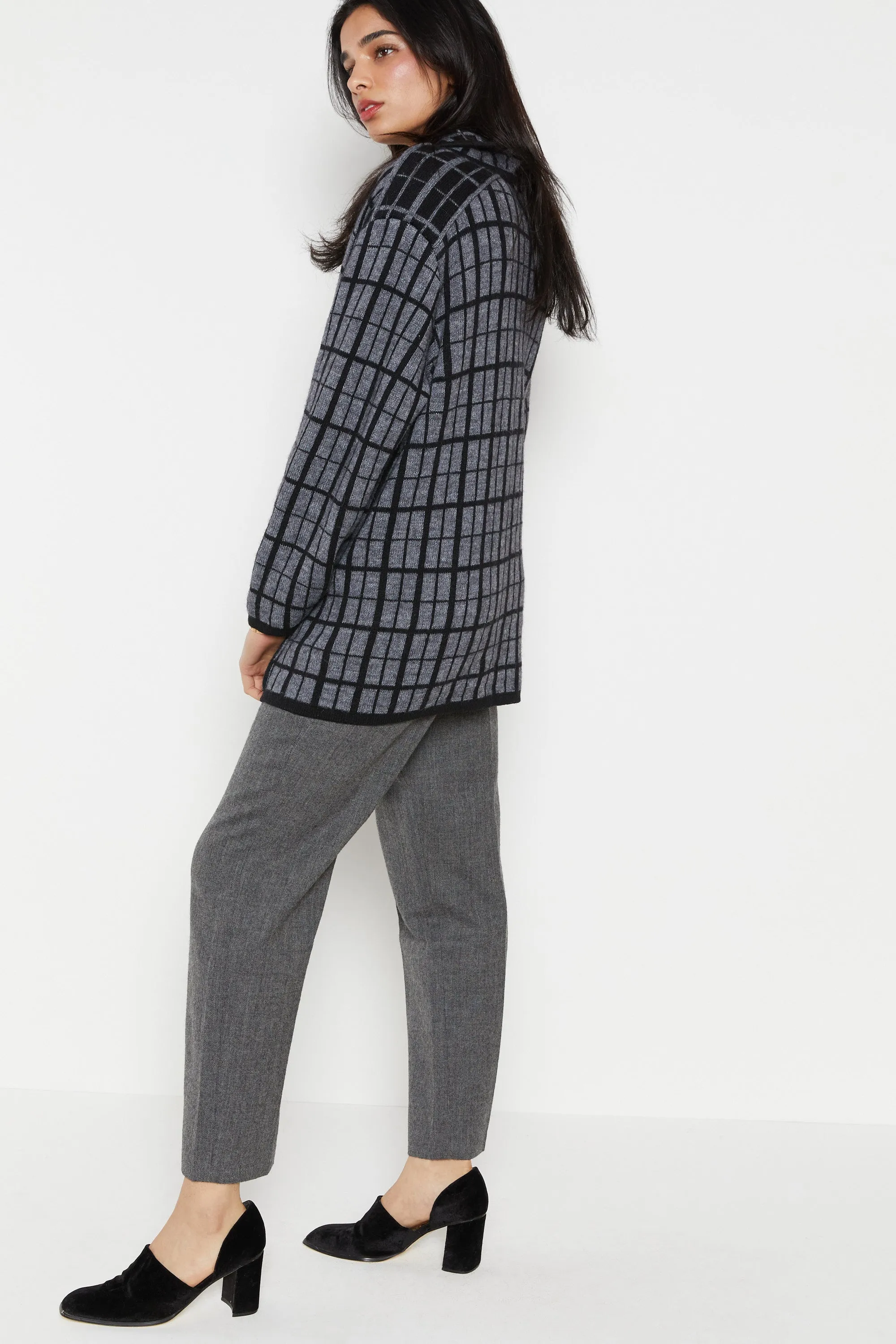 80s Charcoal Grid Wool Sweater Blazer XL