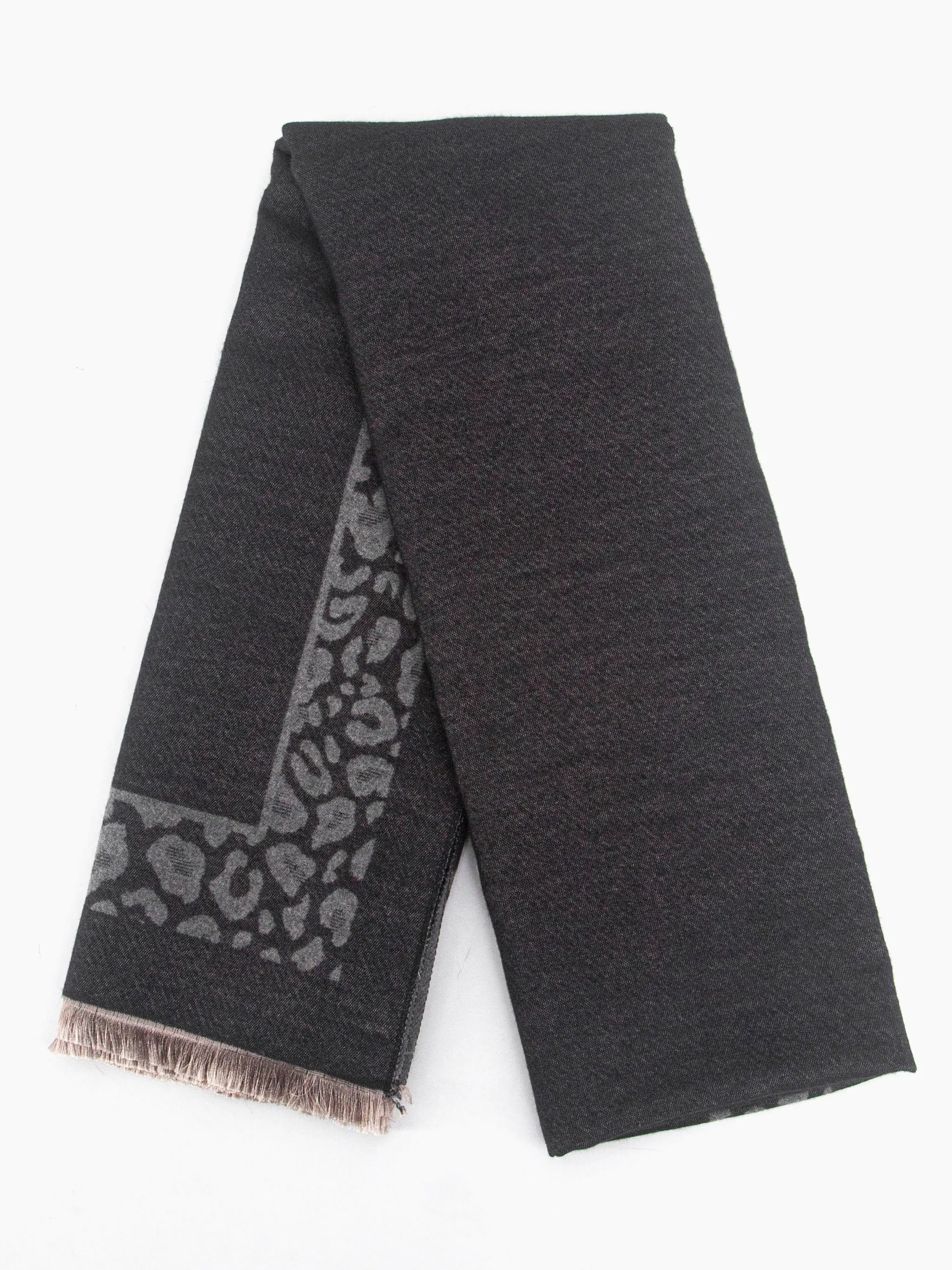 Aga Heavyweight Scarf - Black/Grey, Leopard Border