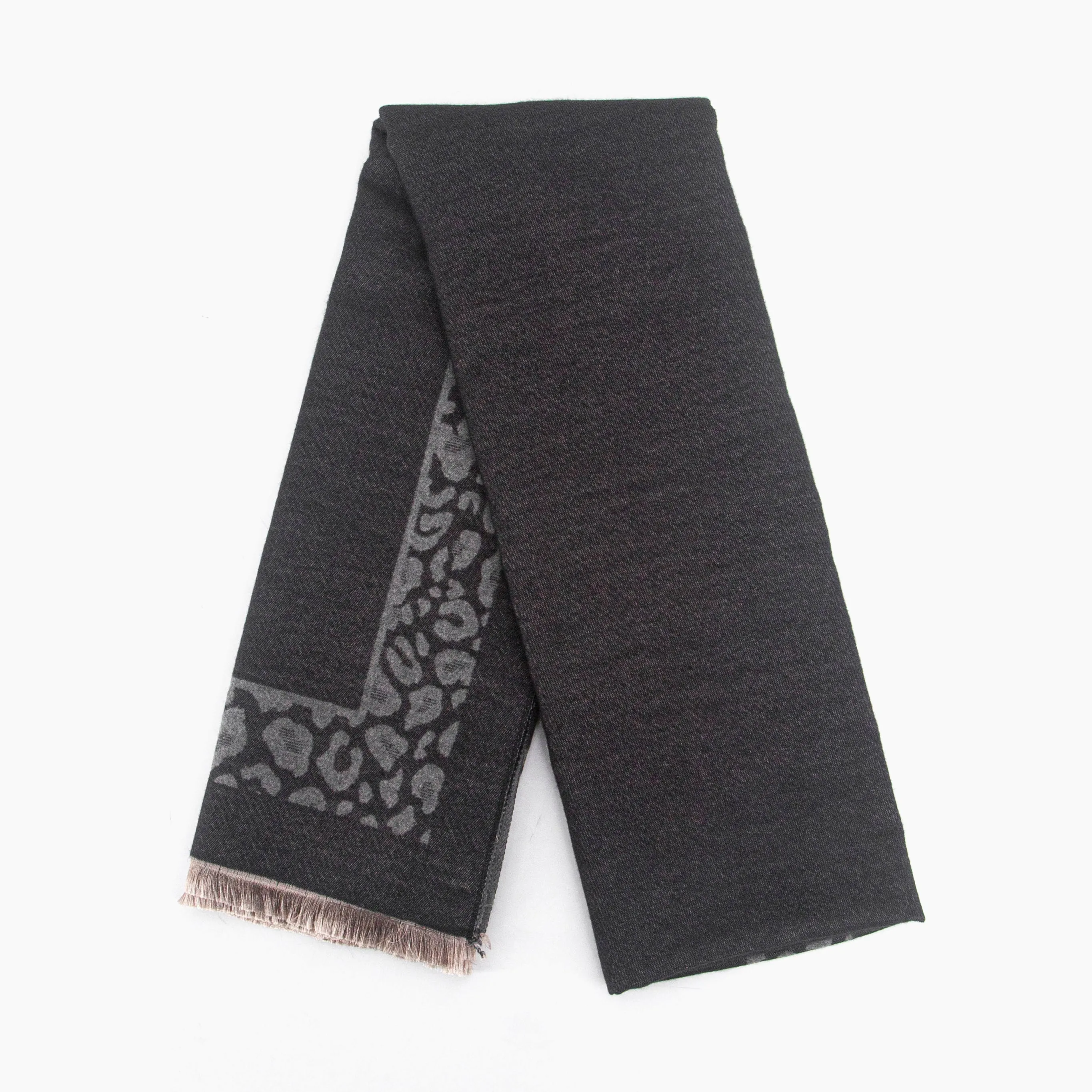 Aga Heavyweight Scarf - Black/Grey, Leopard Border