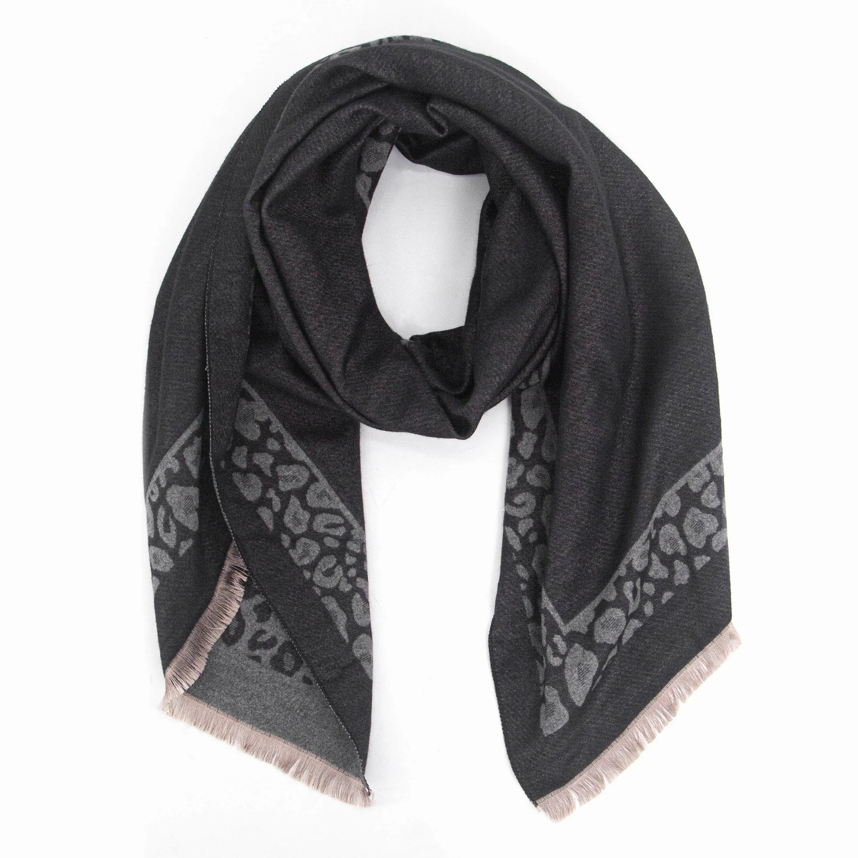 Aga Heavyweight Scarf - Black/Grey, Leopard Border