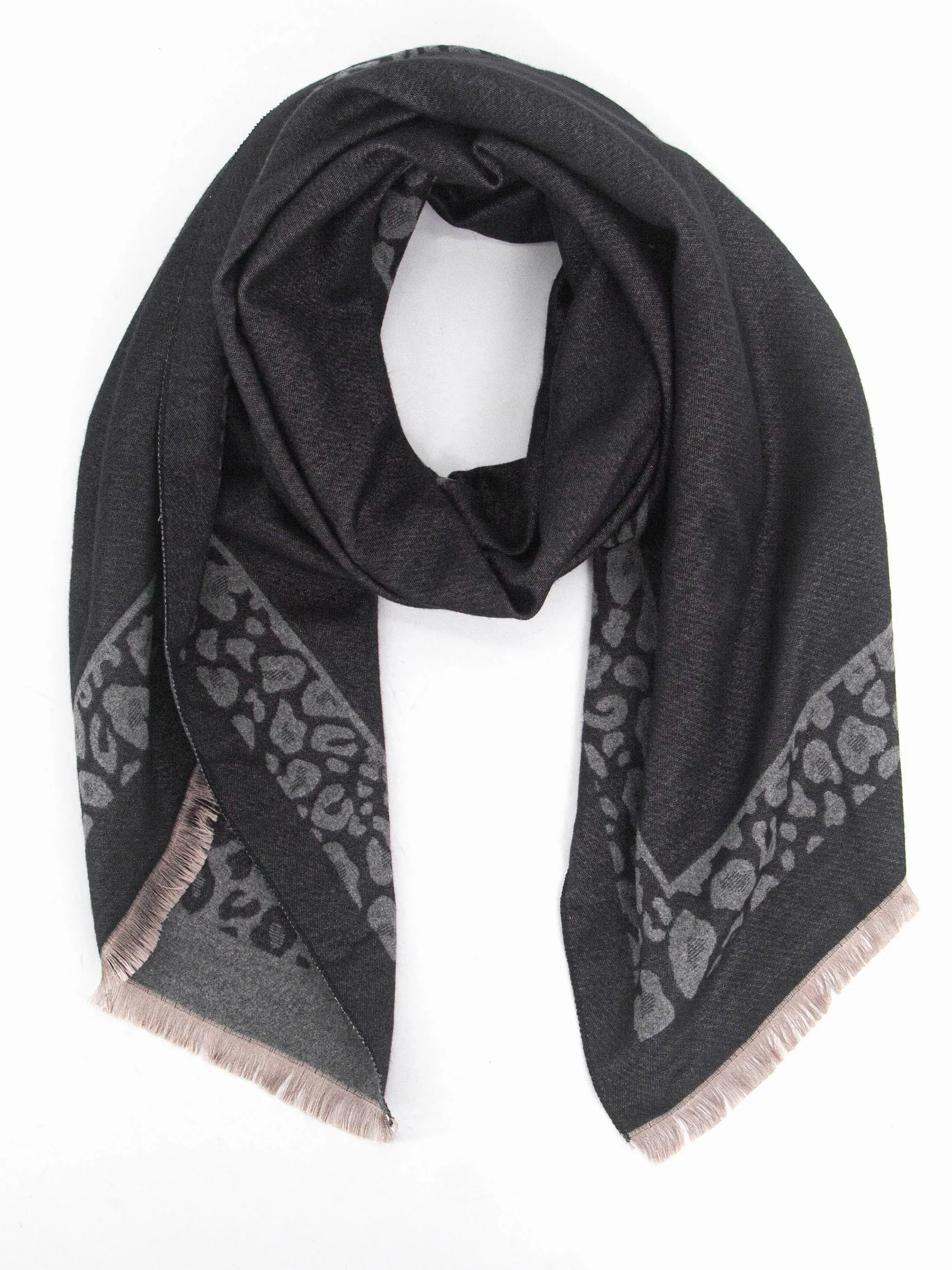 Aga Heavyweight Scarf - Black/Grey, Leopard Border