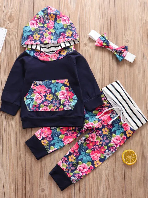 Baby Autumn Floral Fun Hooded Sweater, Legging, And Headband Set