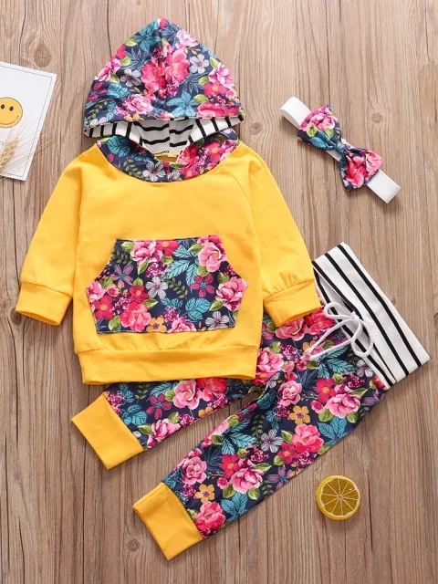 Baby Autumn Floral Fun Hooded Sweater, Legging, And Headband Set