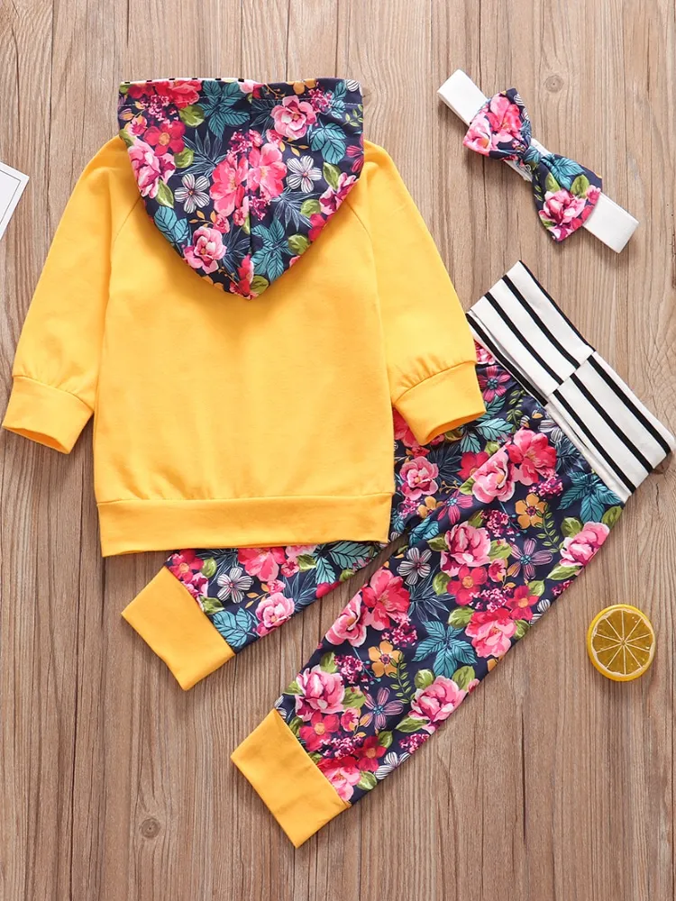 Baby Autumn Floral Fun Hooded Sweater, Legging, And Headband Set