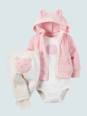 Baby Happy Bear Bottom Hooded Jacket, Onesie, And Legging Set