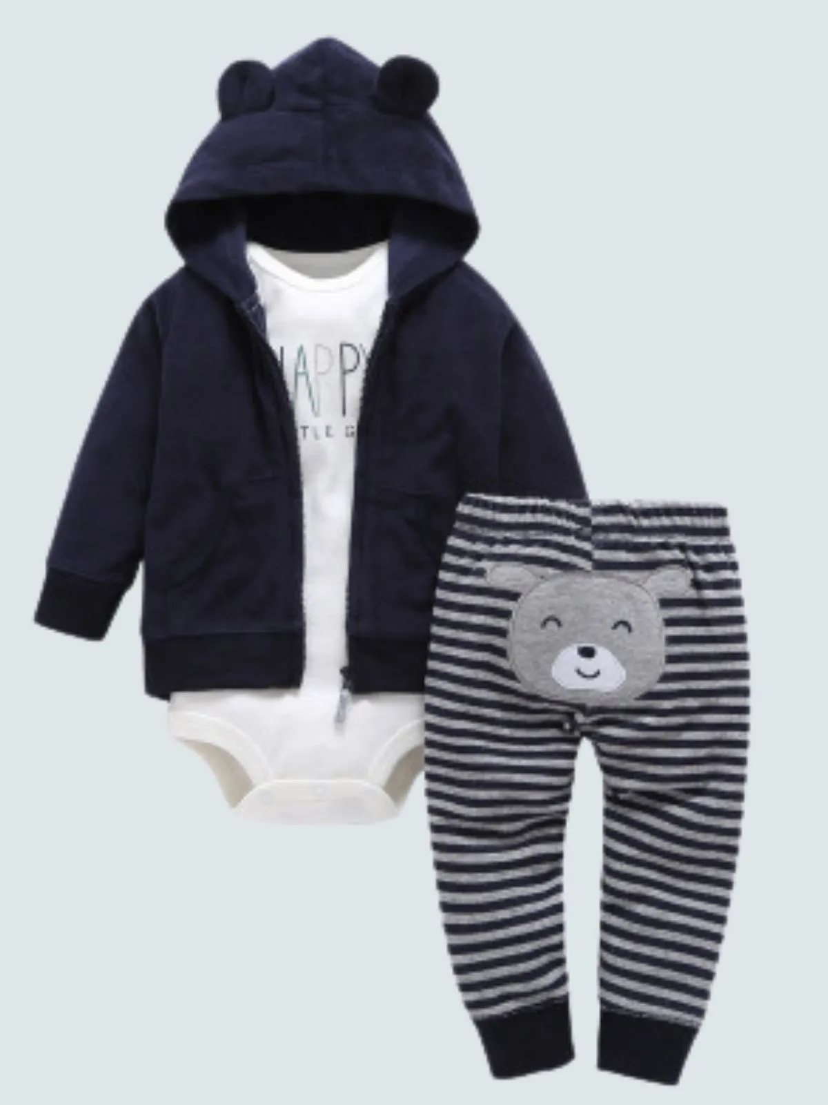 Baby Happy Bear Bottom Hooded Jacket, Onesie, And Legging Set