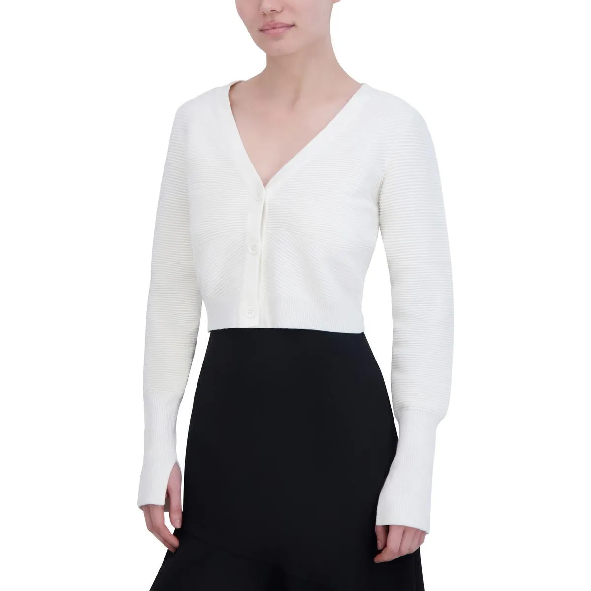 BCBGMAXAZRIA Womens Ribbed Long Sleeve Crop Sweater