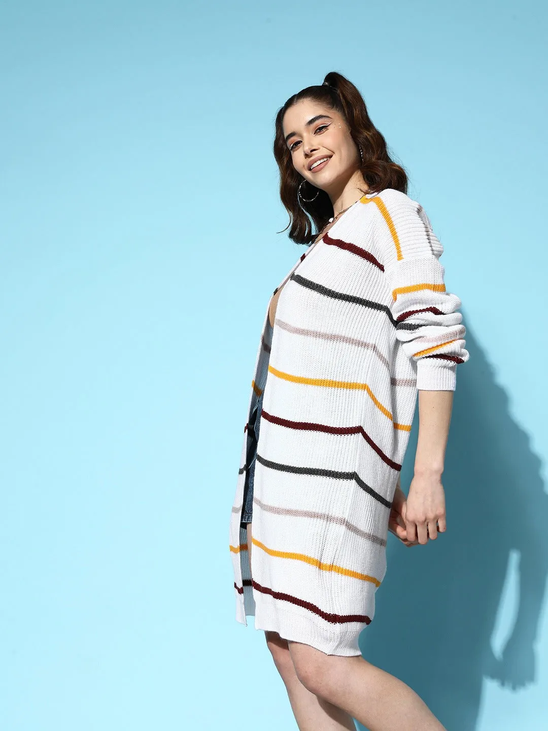 Berrylush Women White & Multicolour Striped Pattern V-Neck Drop-Shoulder Sleeve Open-Front Ribbed Hem Longline Cardigan