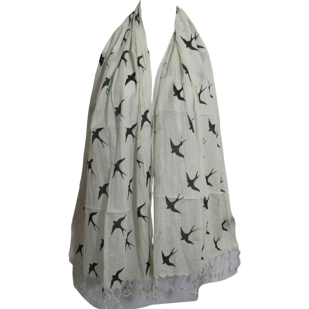Bird Print Cotton Fringed Long Fashion Scarf Stole
