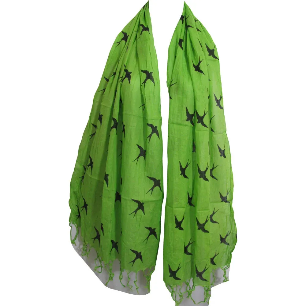 Bird Print Cotton Fringed Long Fashion Scarf Stole