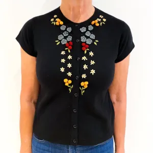 Black Floral Short Sleeve Cashmere Cardigan Medium