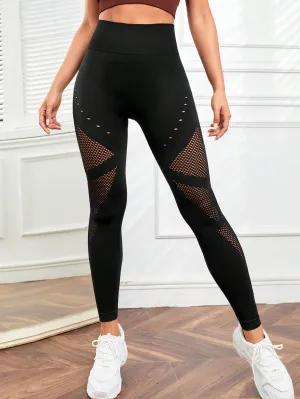 Black Hollow Out Wideband High Waist Sports Leggings