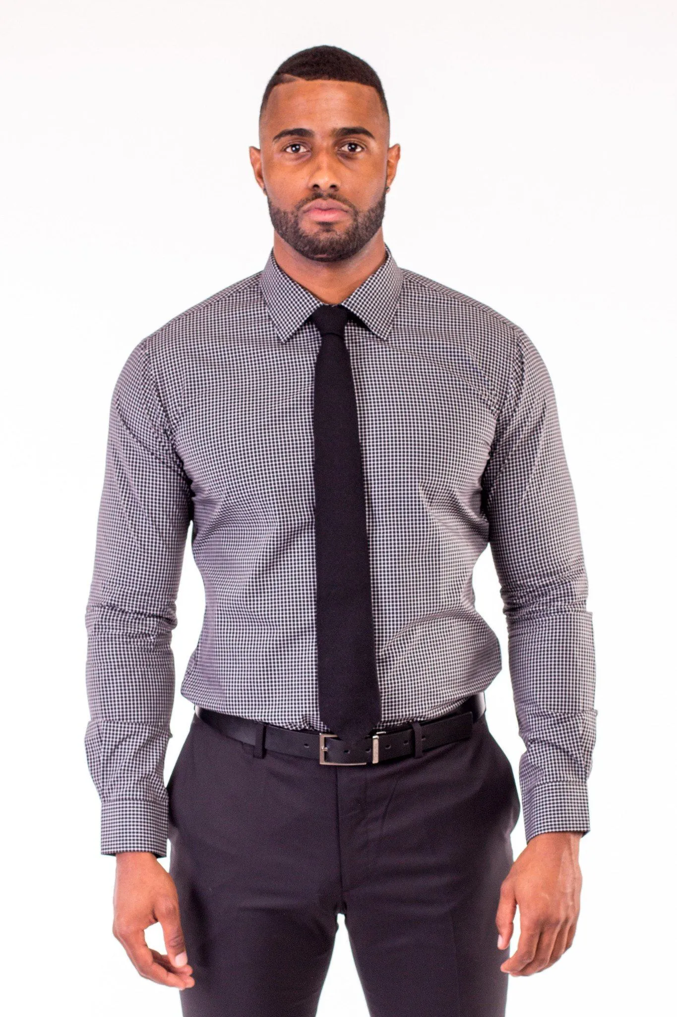 BLACK MINI-CHECKED DRESS SHIRT