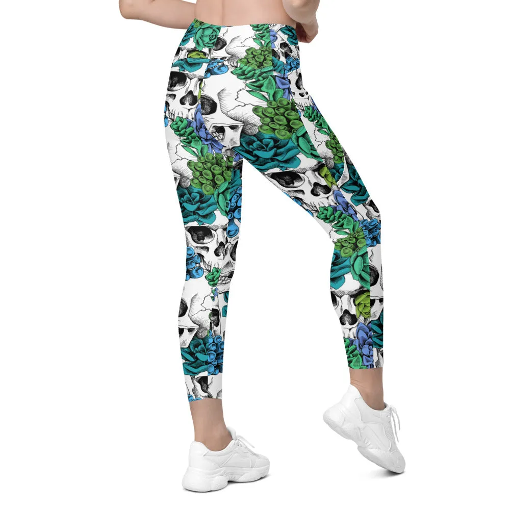 Blue Floral Skulls Leggings with Pockets