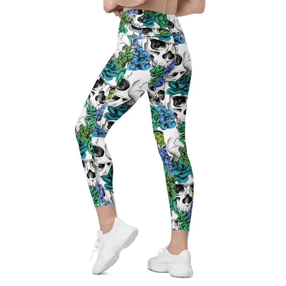 Blue Floral Skulls Leggings with Pockets
