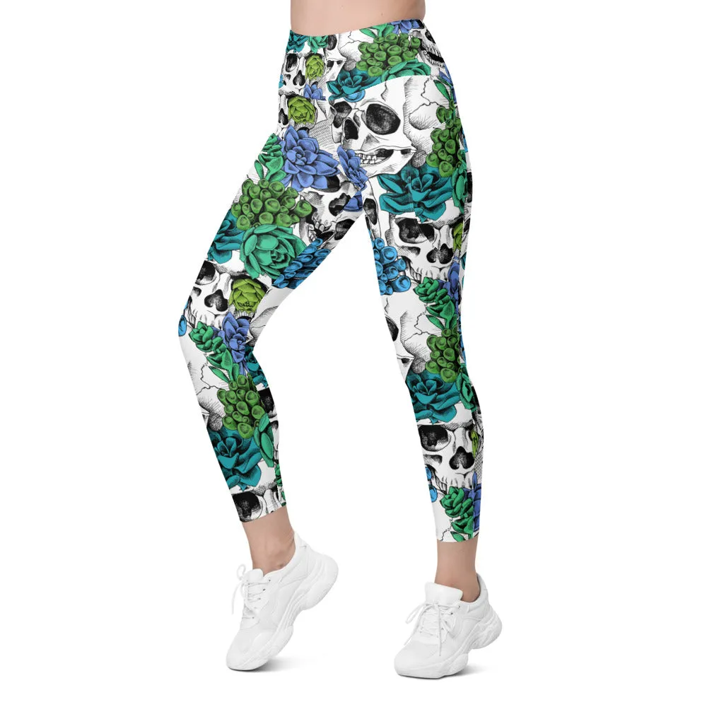 Blue Floral Skulls Leggings with Pockets