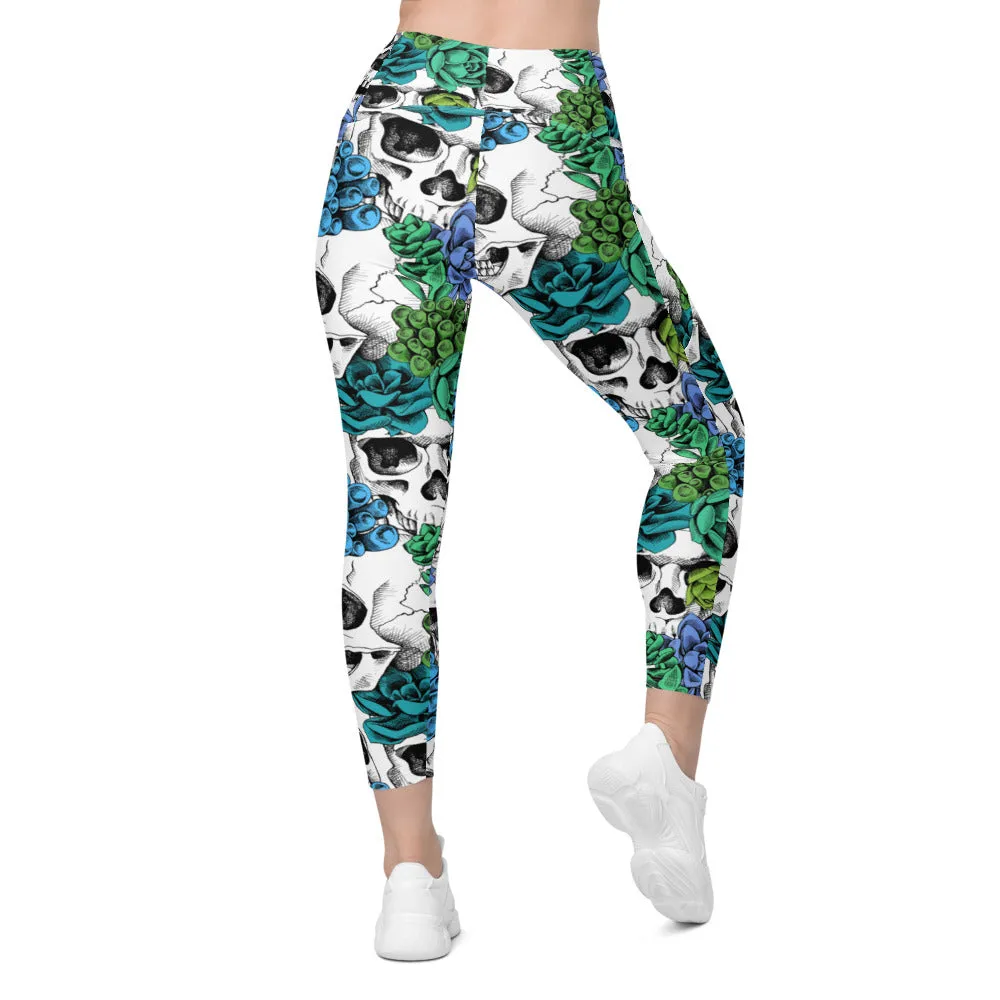 Blue Floral Skulls Leggings with Pockets