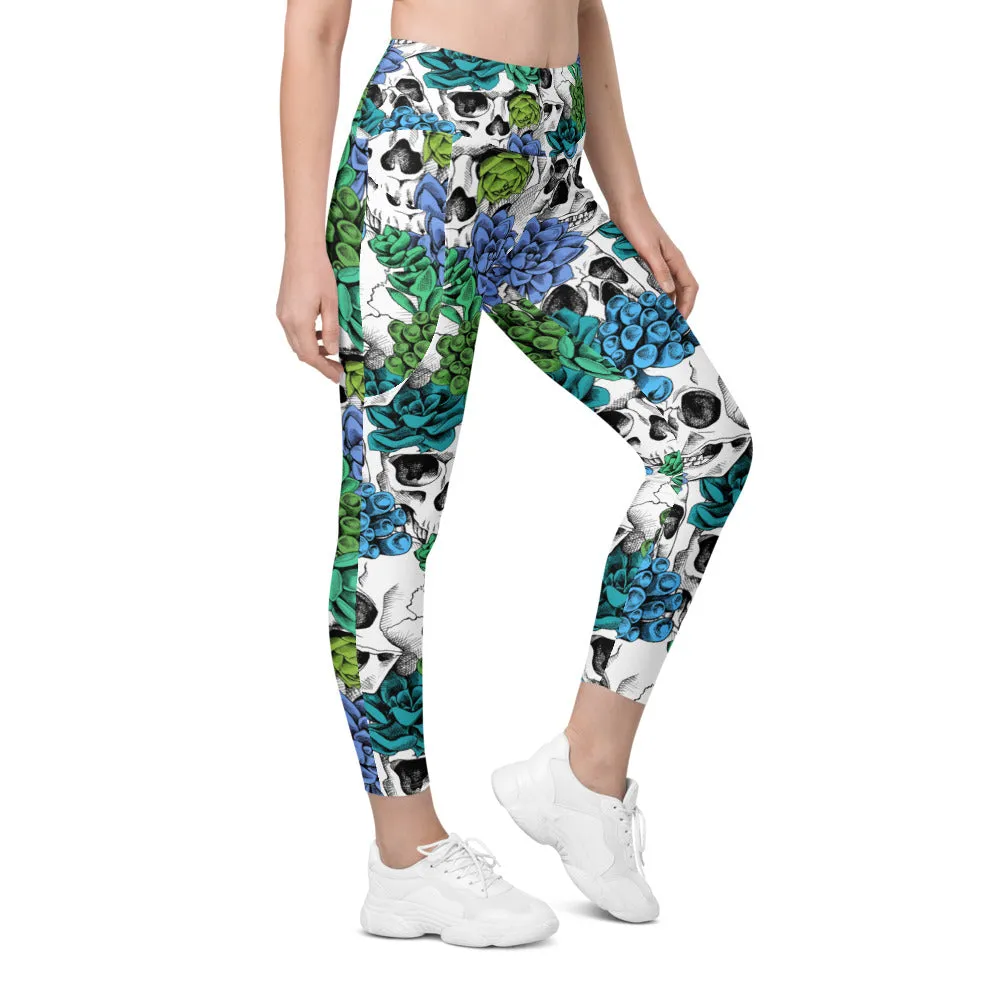 Blue Floral Skulls Leggings with Pockets
