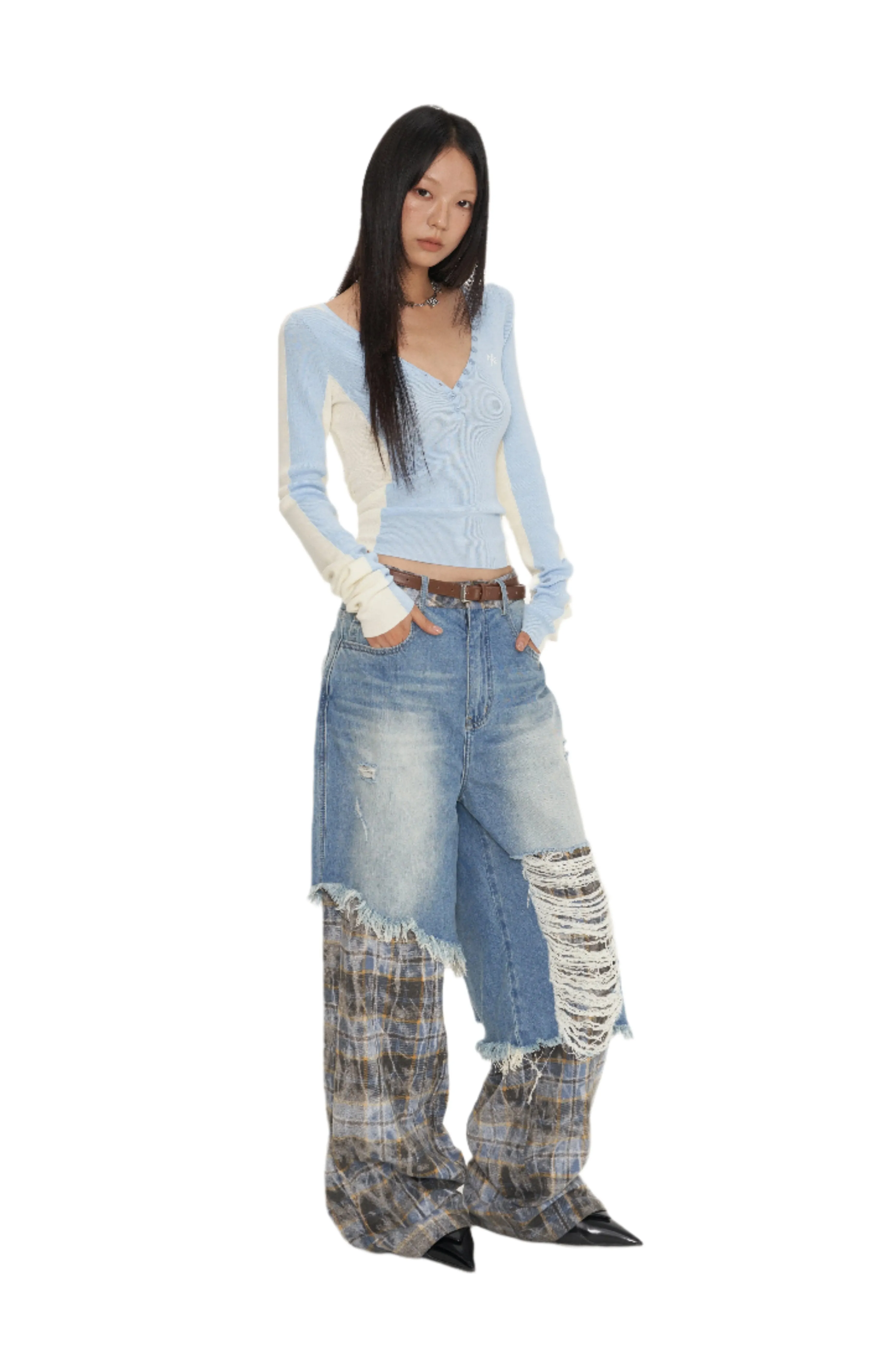 Blue Mermaid Straight Shoulder V-Neck Knitshirt