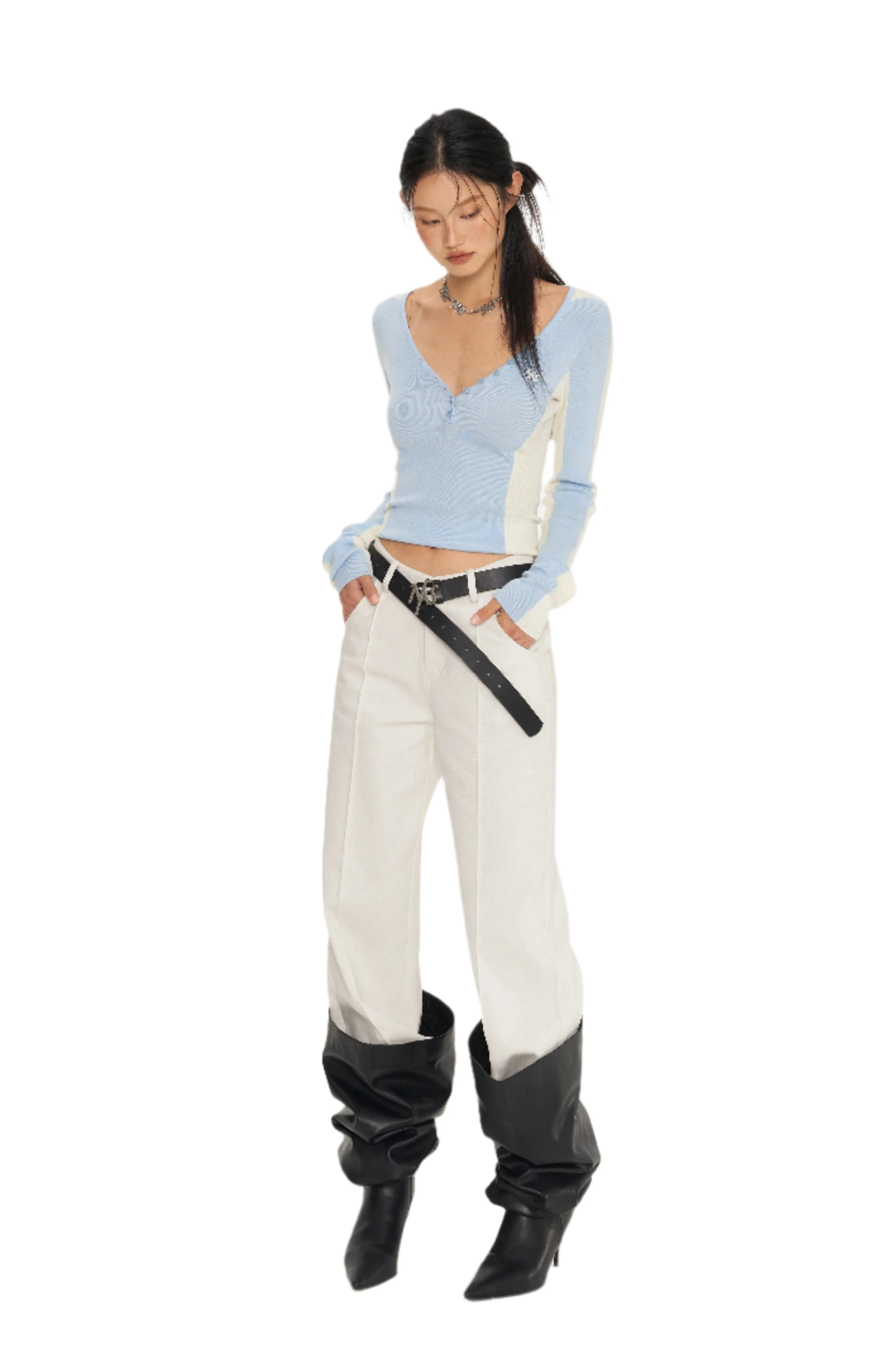 Blue Mermaid Straight Shoulder V-Neck Knitshirt
