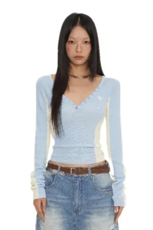 Blue Mermaid Straight Shoulder V-Neck Knitshirt