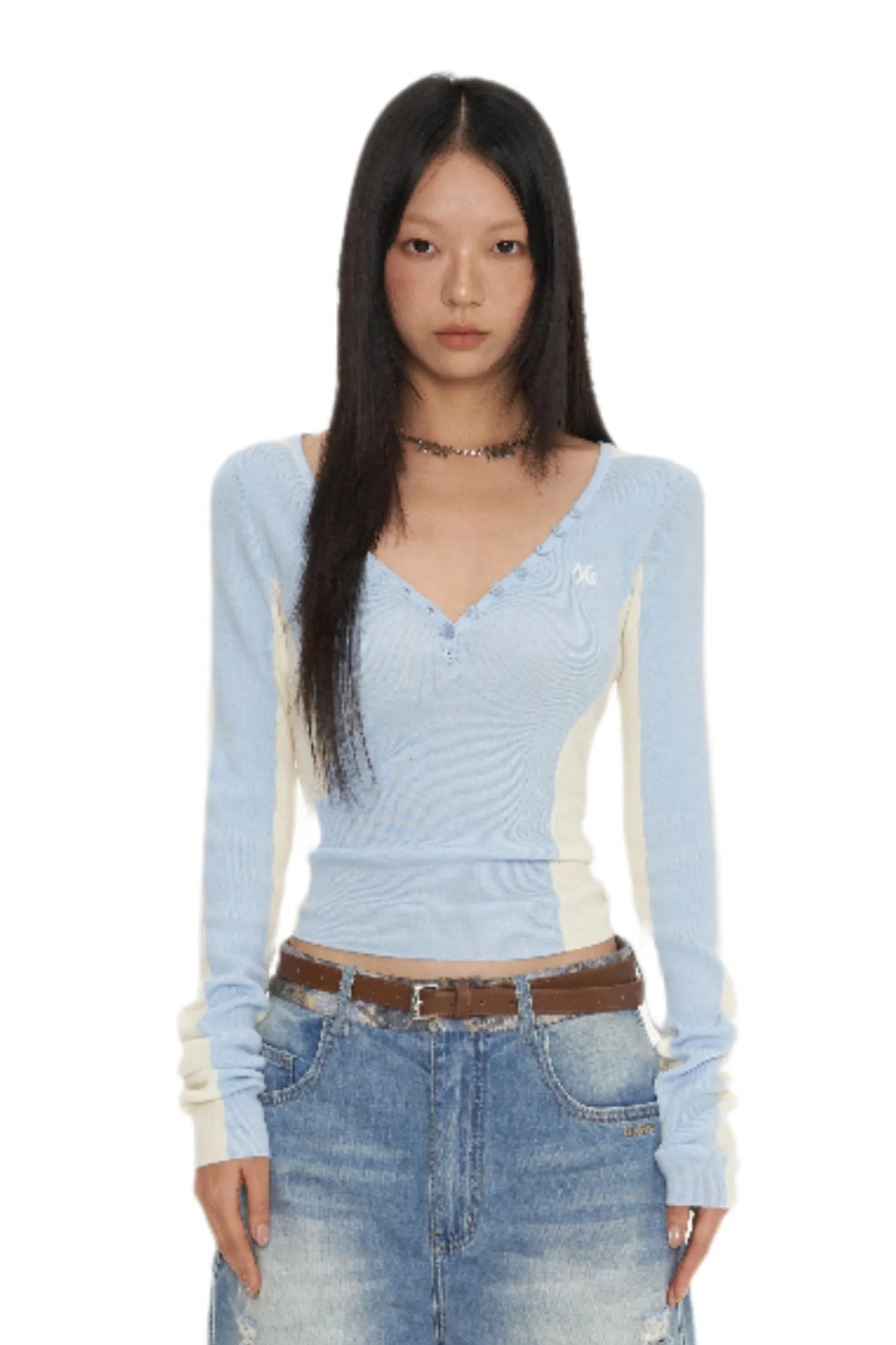 Blue Mermaid Straight Shoulder V-Neck Knitshirt