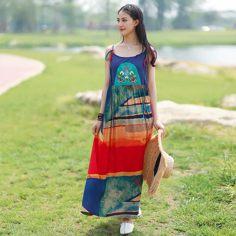 Bohemian Embroidered Sling Maxi Dress for Casual Beach Wear