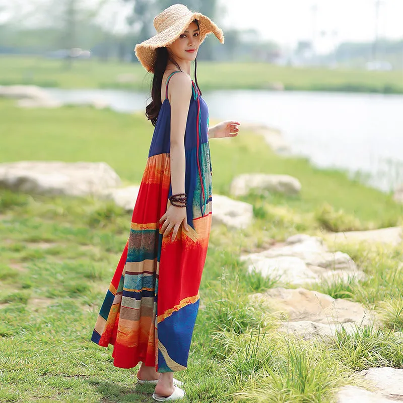 Bohemian Embroidered Sling Maxi Dress for Casual Beach Wear