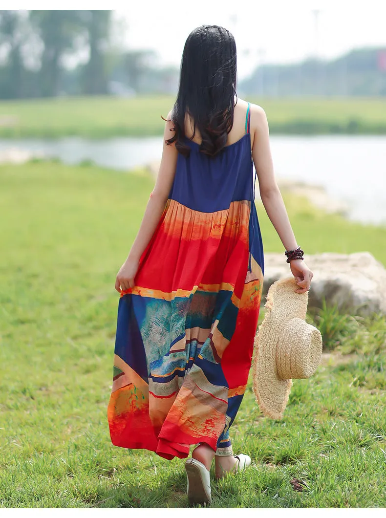 Bohemian Embroidered Sling Maxi Dress for Casual Beach Wear