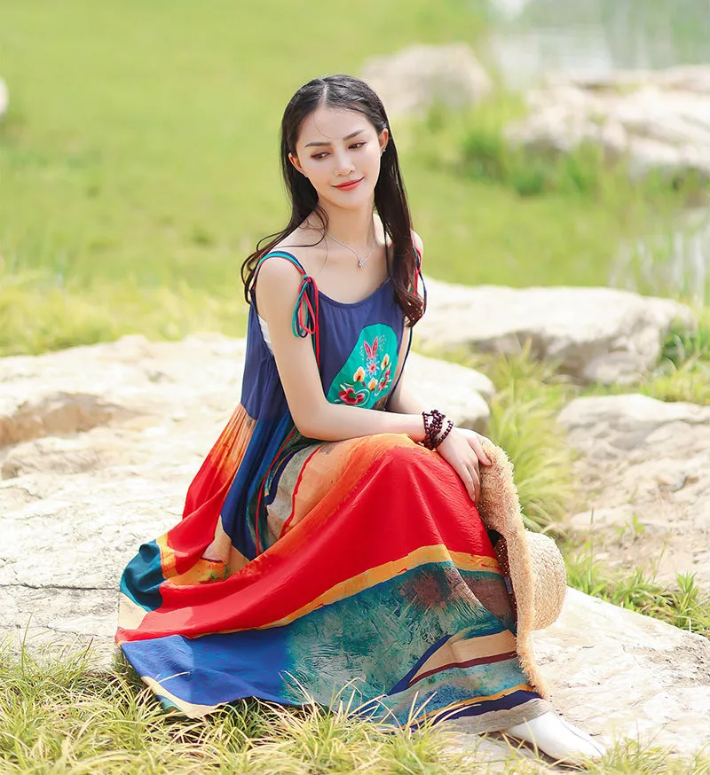 Bohemian Embroidered Sling Maxi Dress for Casual Beach Wear