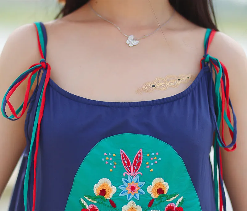 Bohemian Embroidered Sling Maxi Dress for Casual Beach Wear
