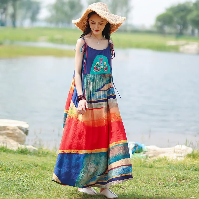 Bohemian Embroidered Sling Maxi Dress for Casual Beach Wear