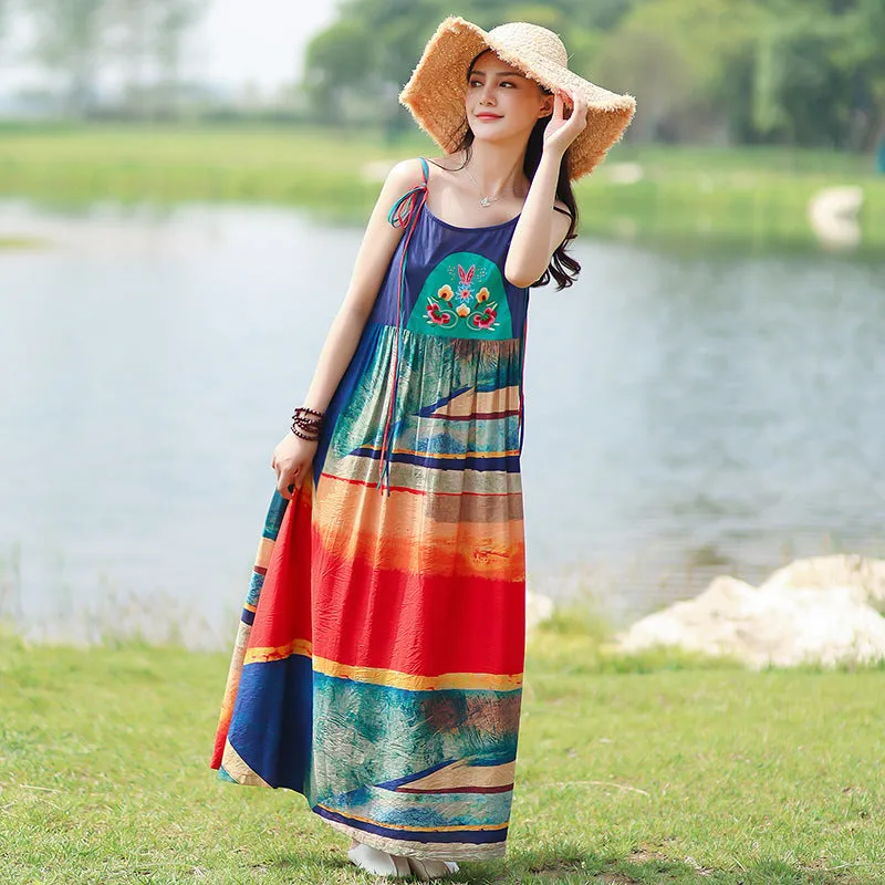 Bohemian Embroidered Sling Maxi Dress for Casual Beach Wear