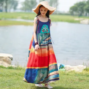 Bohemian Embroidered Sling Maxi Dress for Casual Beach Wear