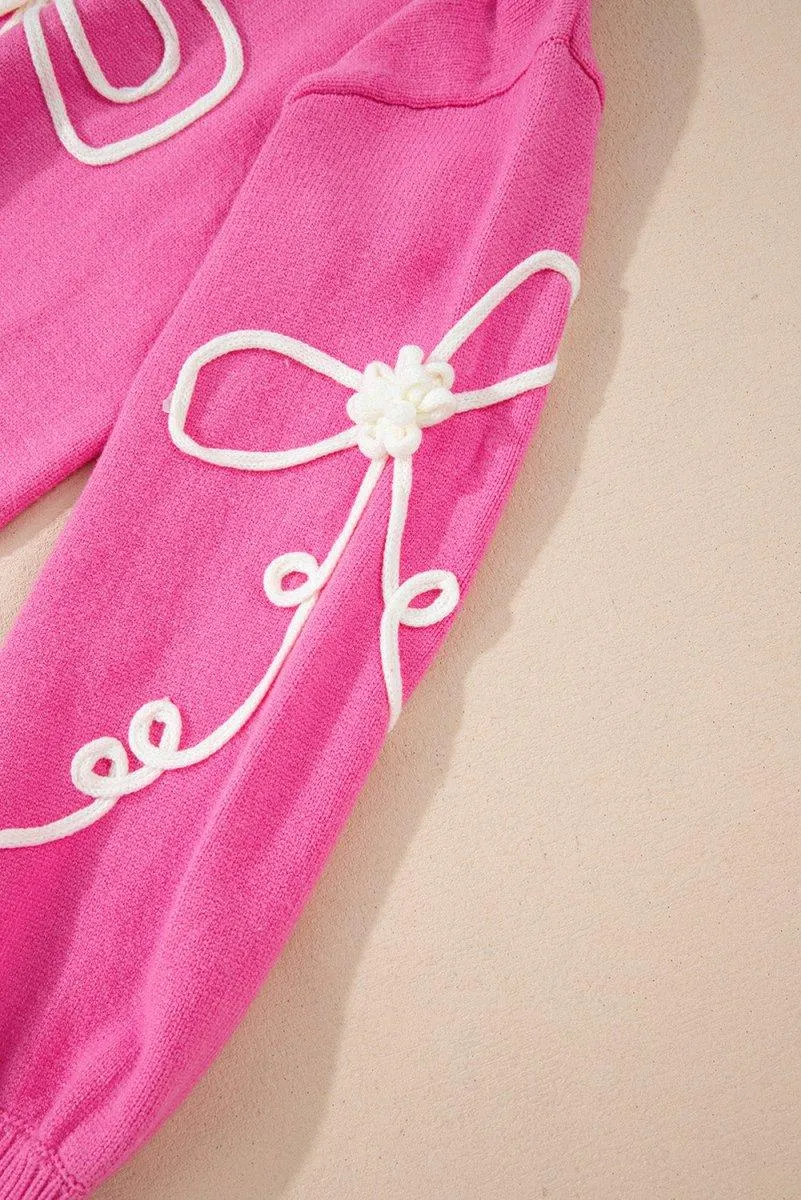 Bright Pink Corduroy Big Bow Casual Sweater
