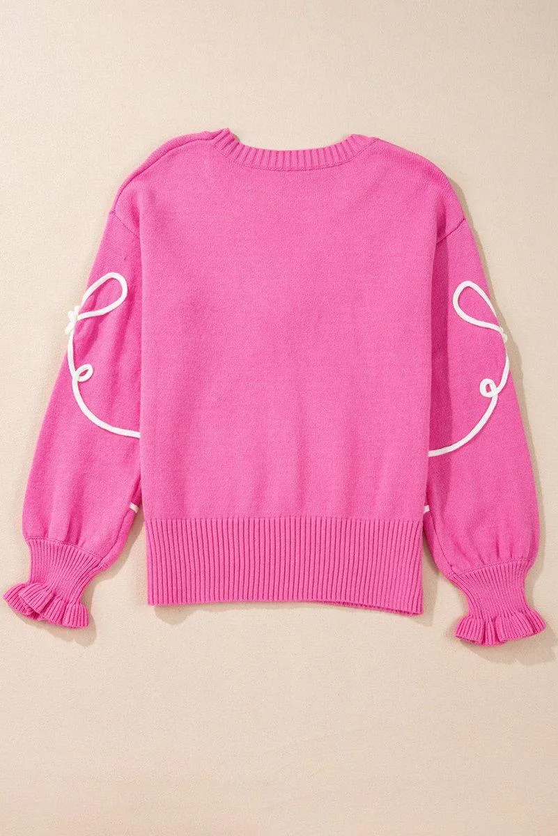 Bright Pink Corduroy Big Bow Casual Sweater