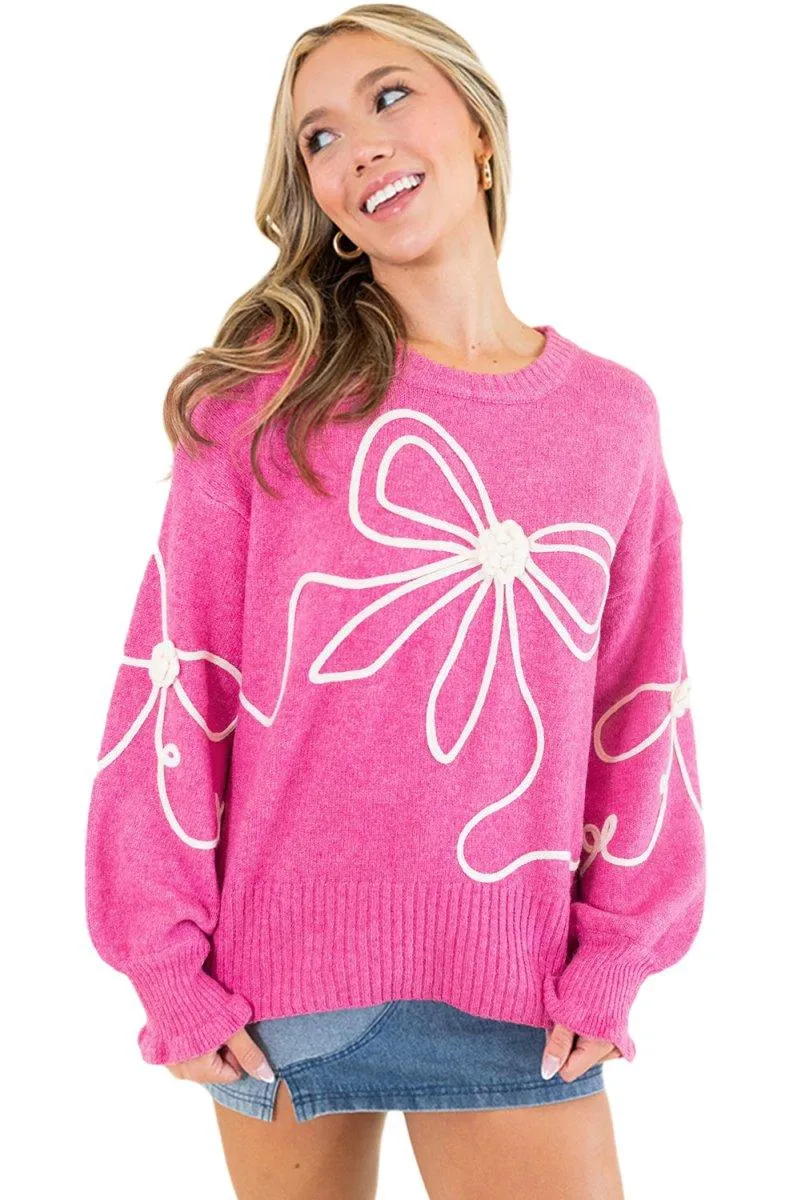 Bright Pink Corduroy Big Bow Casual Sweater