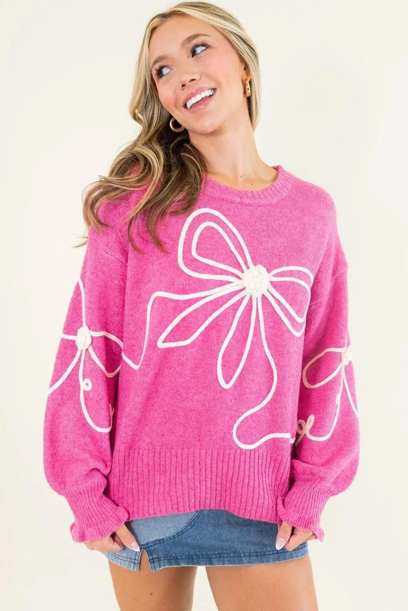 Bright Pink Corduroy Big Bow Casual Sweater