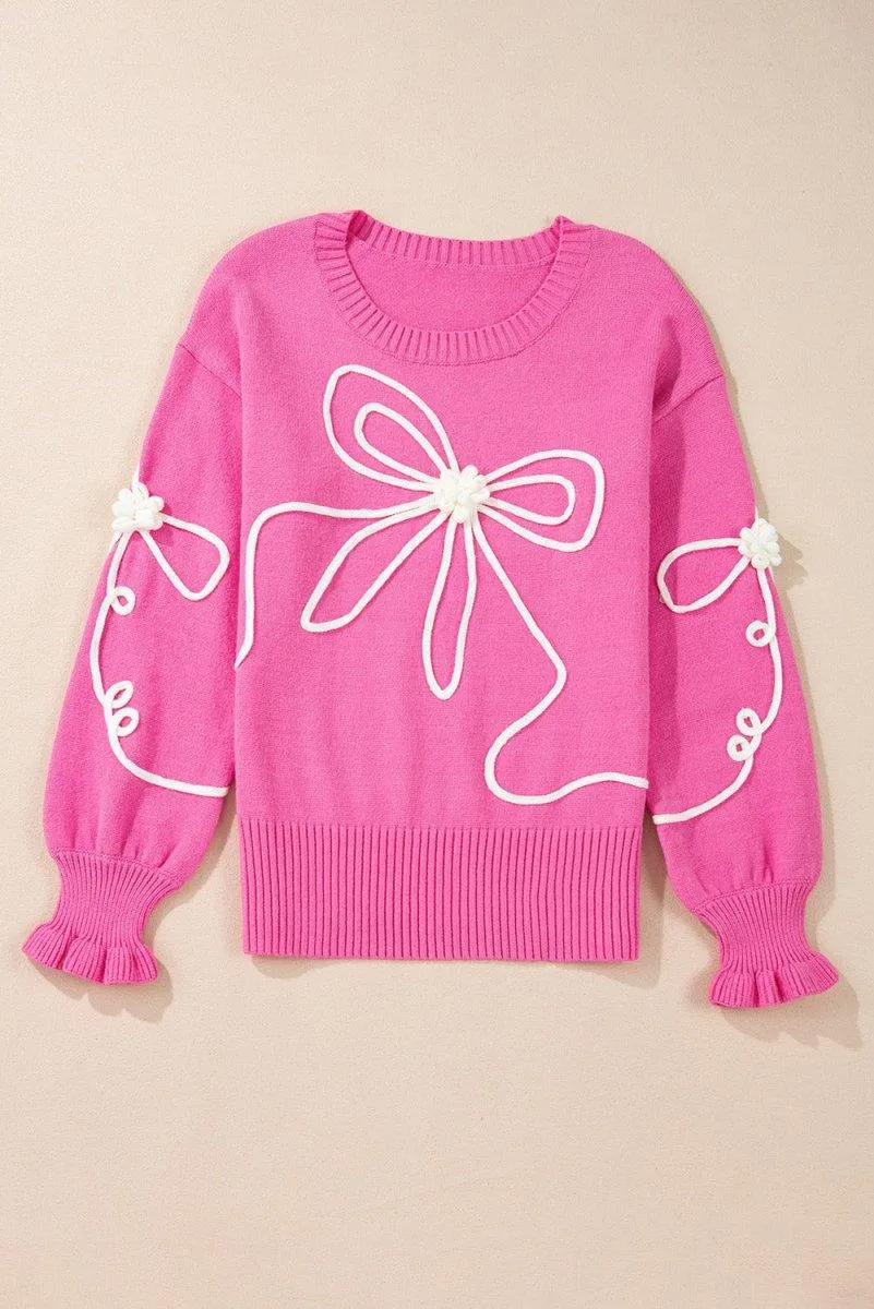 Bright Pink Corduroy Big Bow Casual Sweater