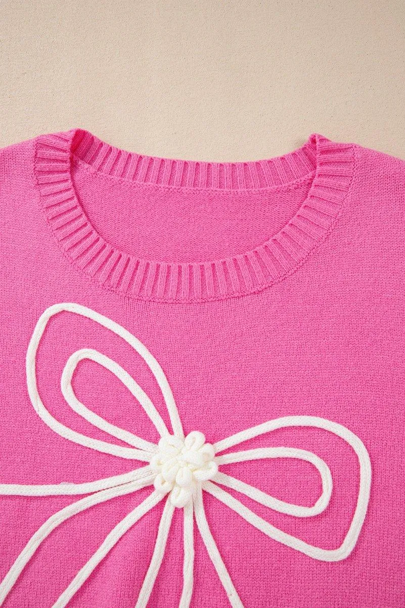 Bright Pink Corduroy Big Bow Casual Sweater