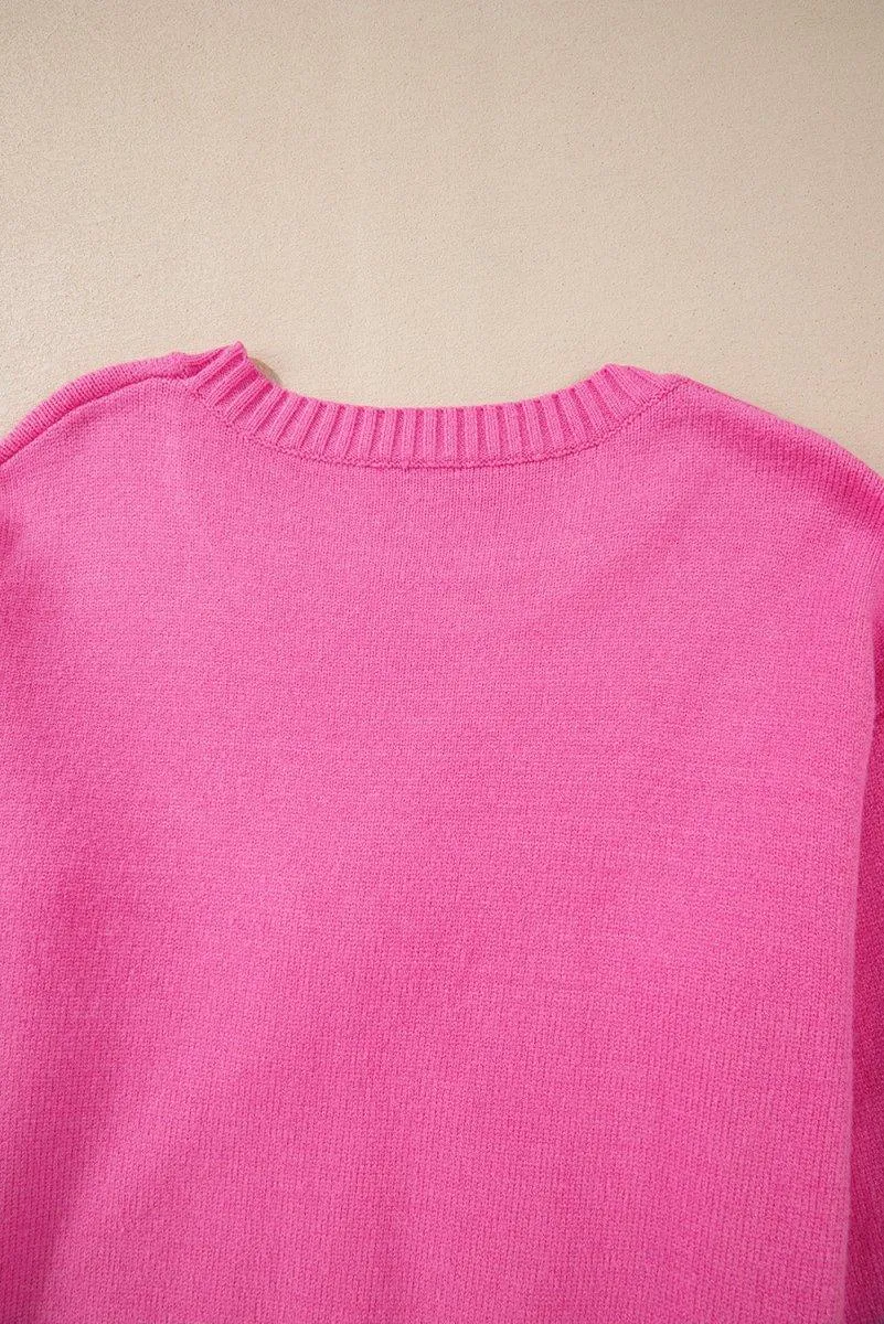 Bright Pink Corduroy Big Bow Casual Sweater