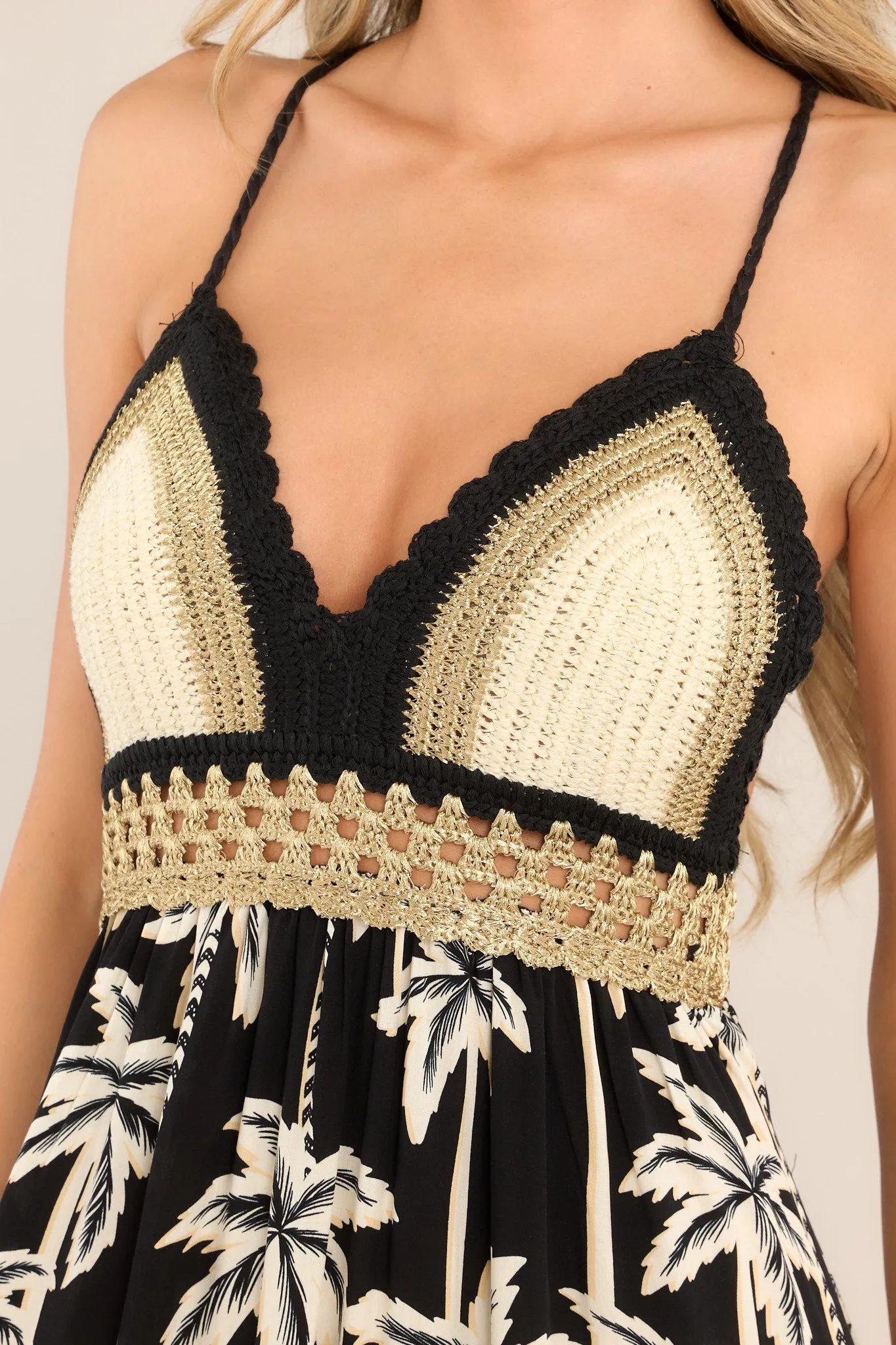 By The Sea Black Tropical Print Crochet Maxi Dress